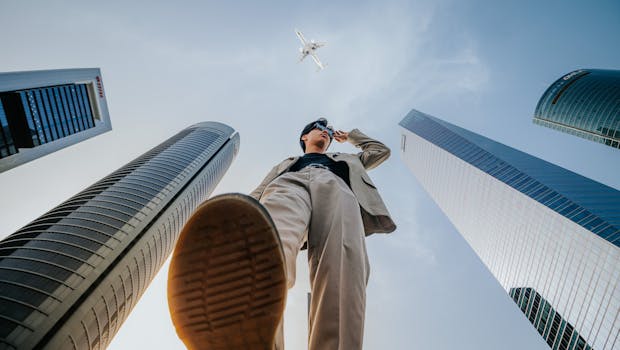 pexels-photo-20798114-20798114 Low-angle shot of a man in a suit framed by skyscrapers and a passing airplane.